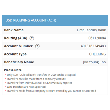 USD Receiving Account (ACH)
